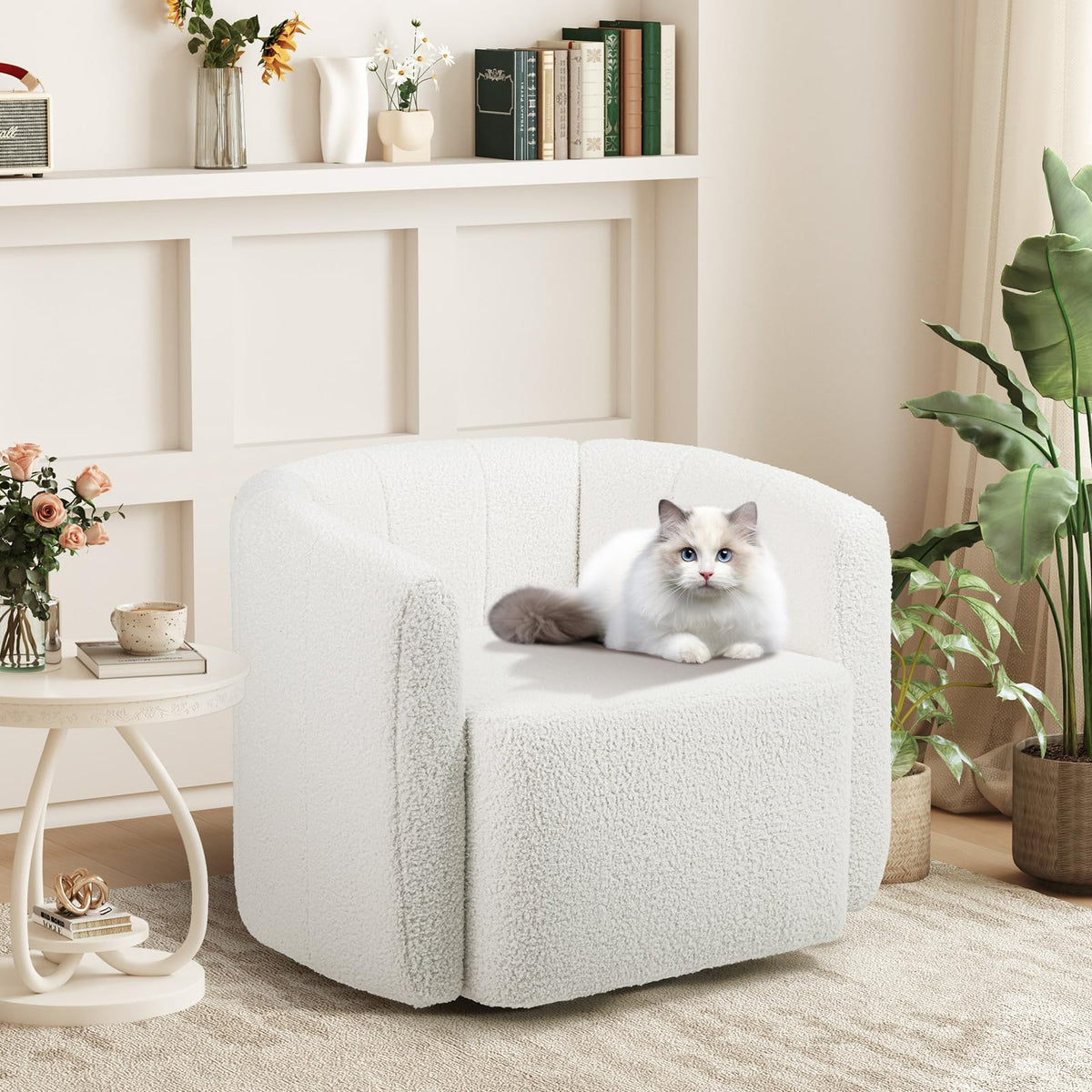 Goflame 360° Swivel Accent Chair - Sherpa Upholstered Boucle Barrel Club Chair with Padded Armrests