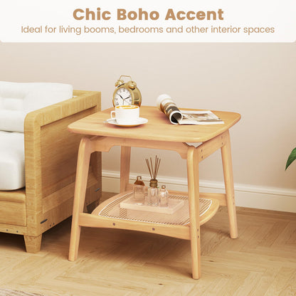 Goflame Rattan Side Table, Boho End Table with Storage Shelf, 2-Tier Bedside Table for Small Spaces