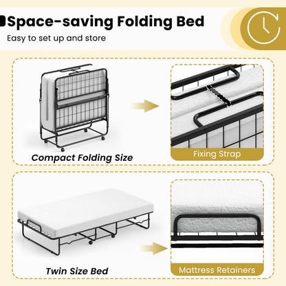 Goflame Twin Folding Bed with Mattress, Roll Away Bed Portable Guest Bed w/Sturdy Metal Frame