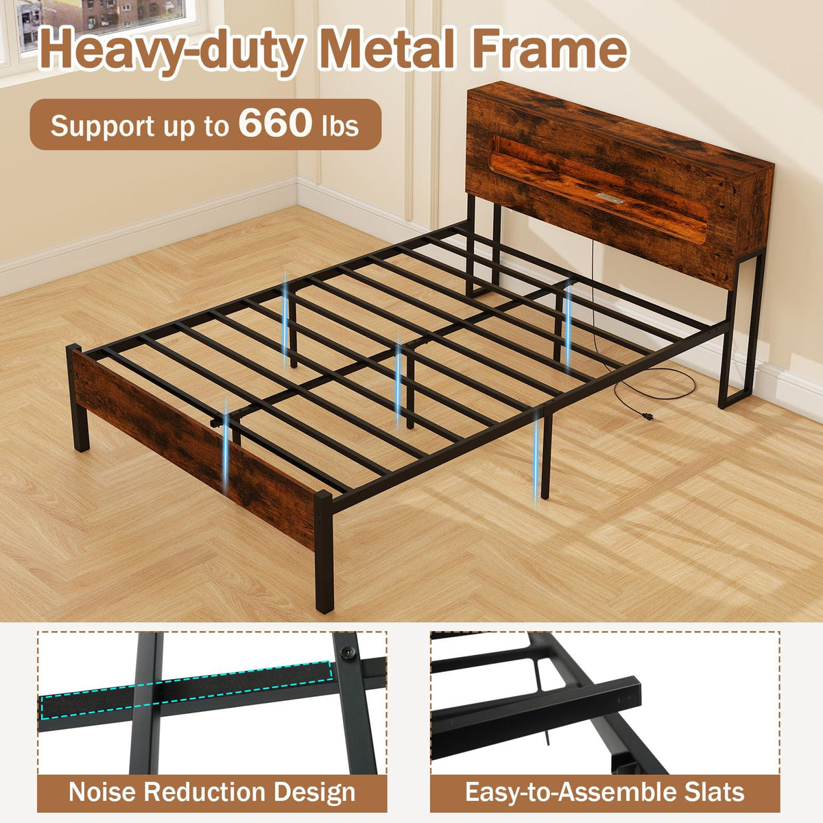 Goflame Full Size Bed Frame with LED Lights & Charging Station