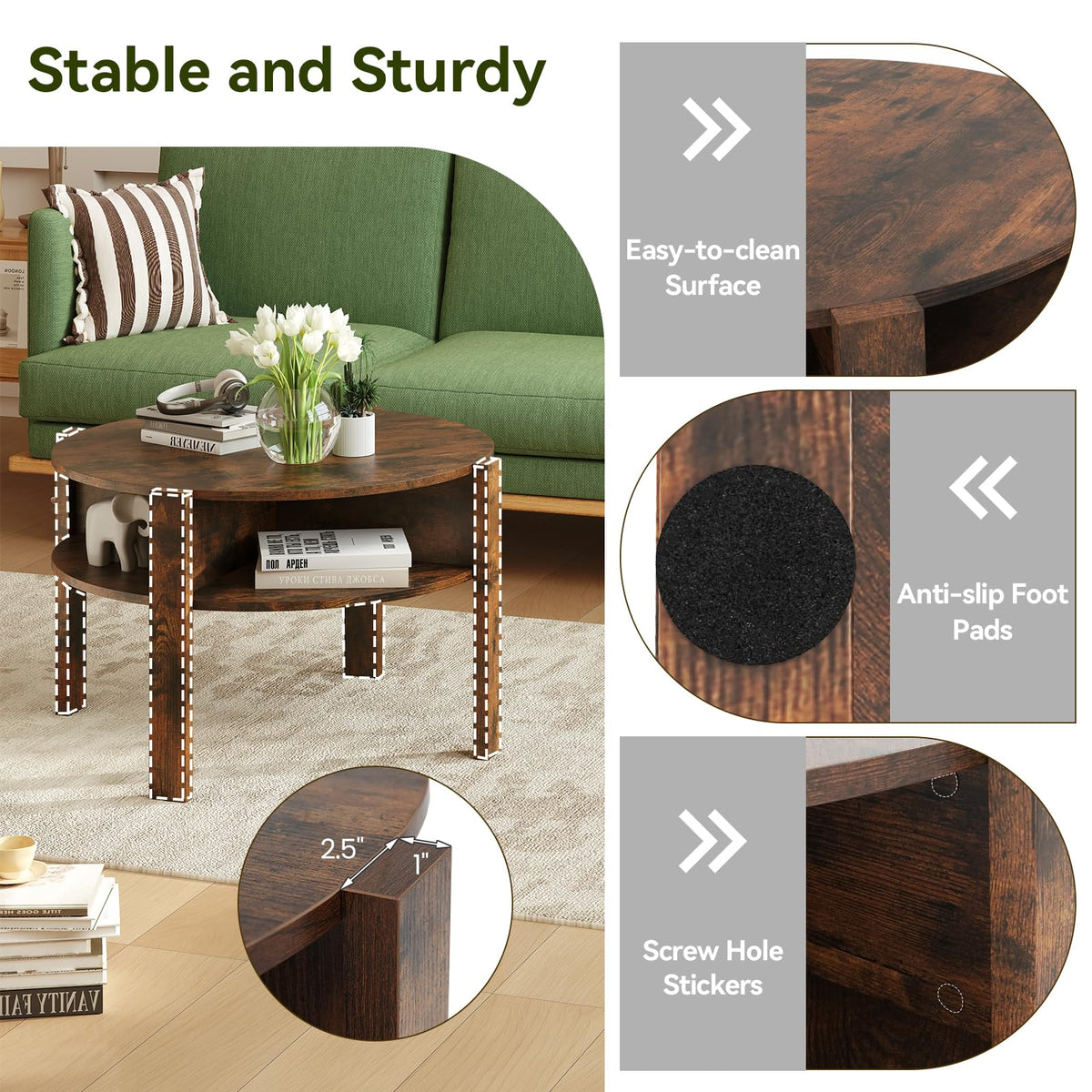 Goflame Round Coffee Table with Storage Shelves