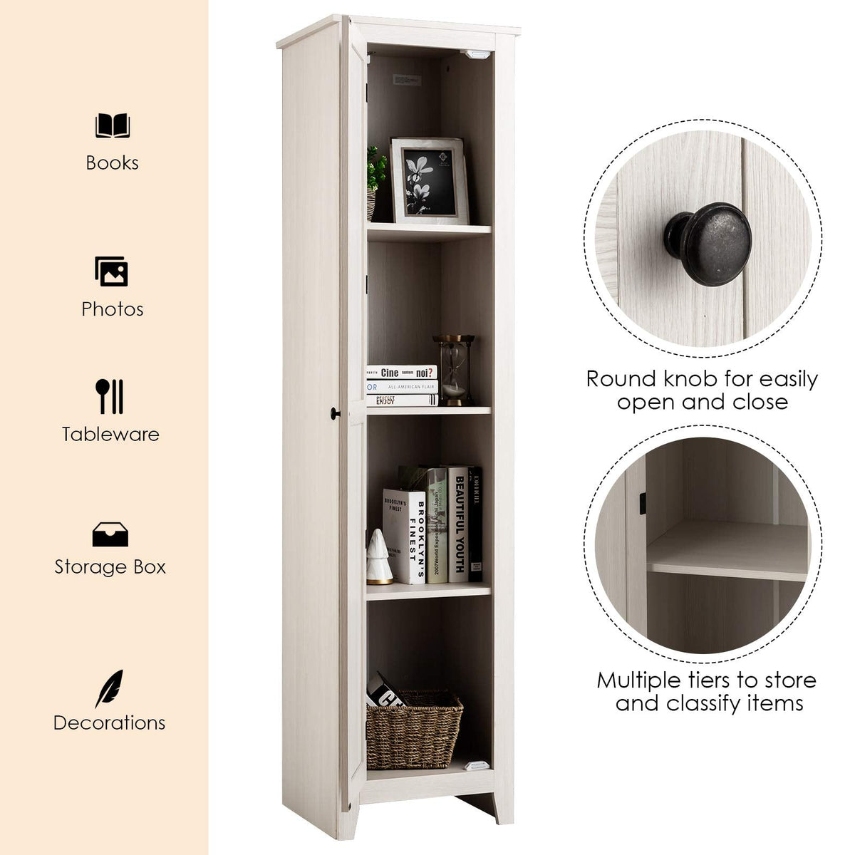 Goflame Tall Storage Cabinet Freestanding Floor Storage Tower with Four Shelves and Single Door