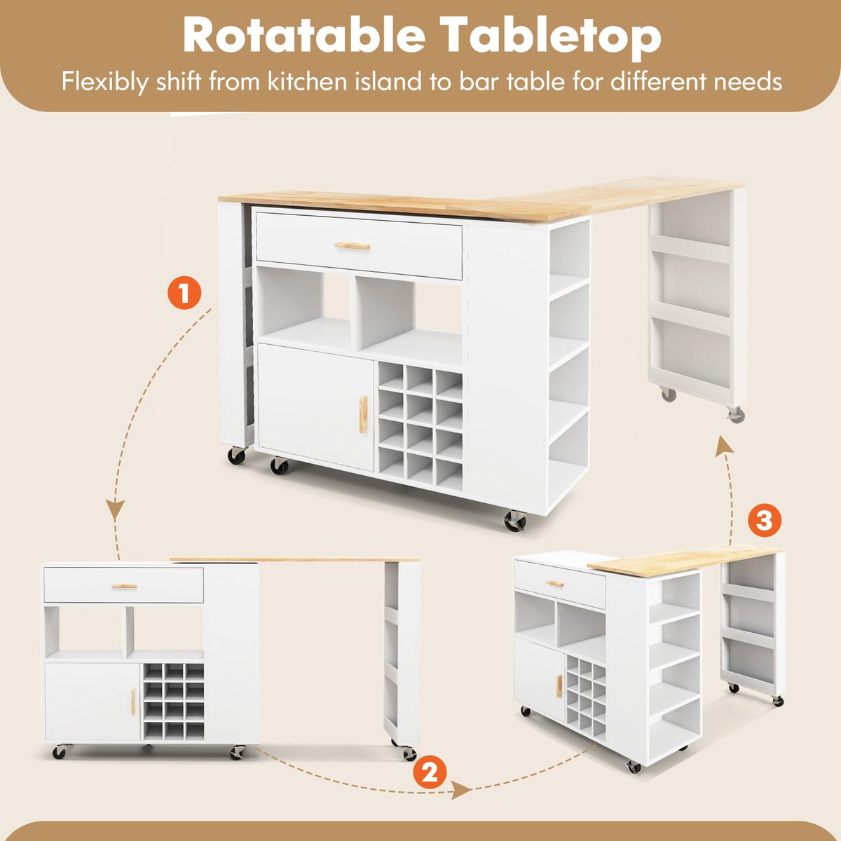 Goflame Mobile Kitchen Island Cart - 2-in-1 Reversible Serving Cart Bar Table Combo, White