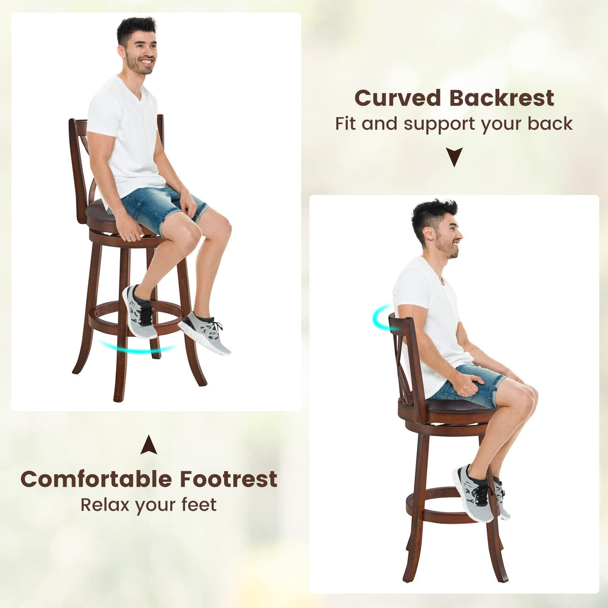 Goflame Brown Bar Stools PU Leather Cushioned Seat and Footrests, for Kitchen Island