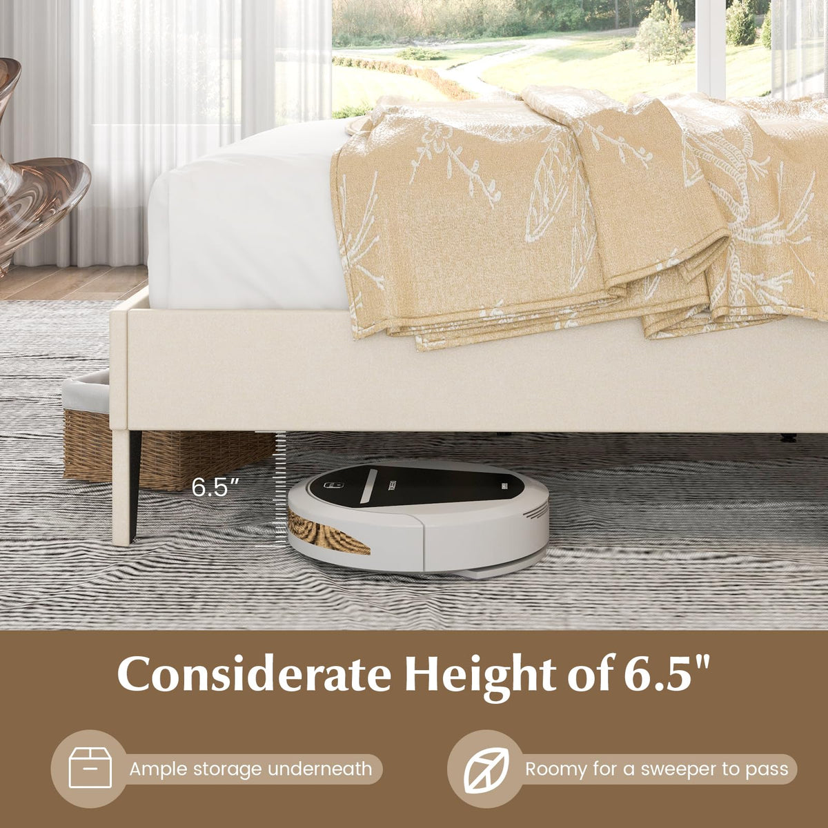 Goflame Full Size Bed Frame Beige, Linen Fabric Upholstered Platform Bed Frame with Nail Headboard