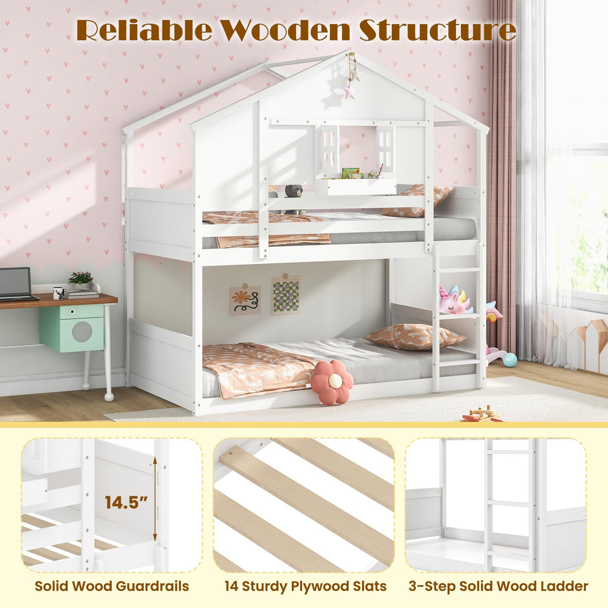Goflame Bunk Bed Twin Over Twin, Wood House Bed for Kids with Roof, Window Door, White