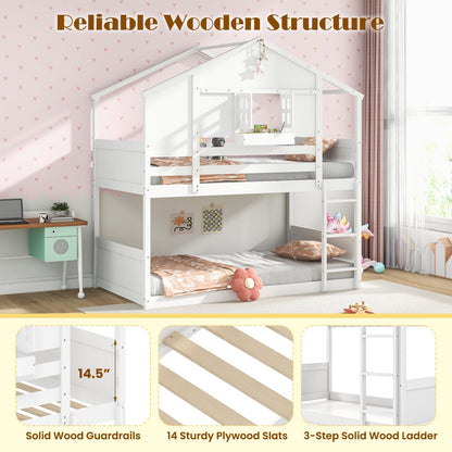 Goflame Bunk Bed Twin Over Twin, Wood House Bed for Kids with Roof, Window Door, White