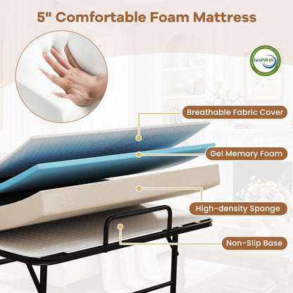 Goflame Twin Folding Bed Frame with 5 Inch Mattress, Portable Rollaway Guest Bed, 75" x 38"