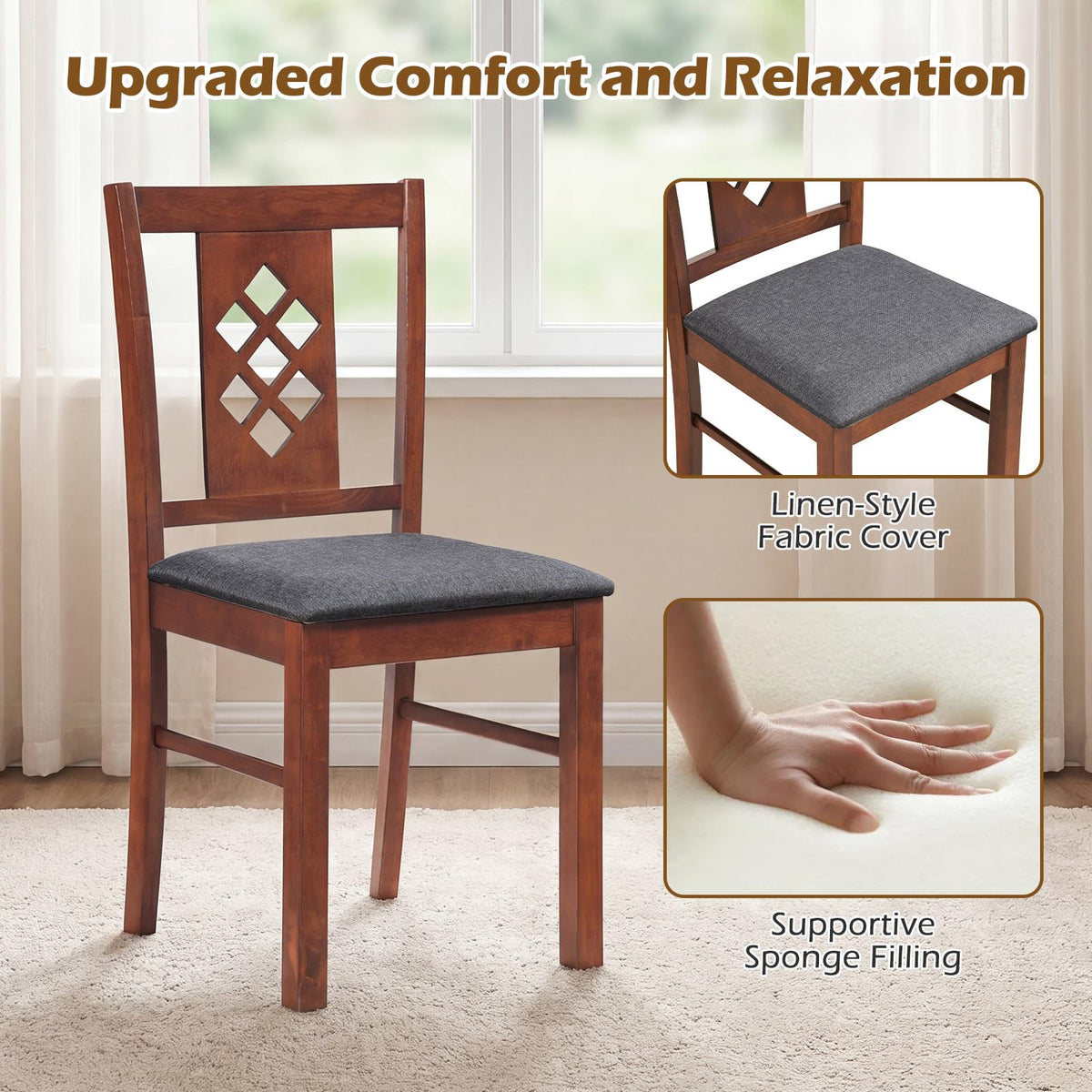 Goflame Wooden Upholstered Kitchen Chair with Elegant Diamond Back (2/4)
