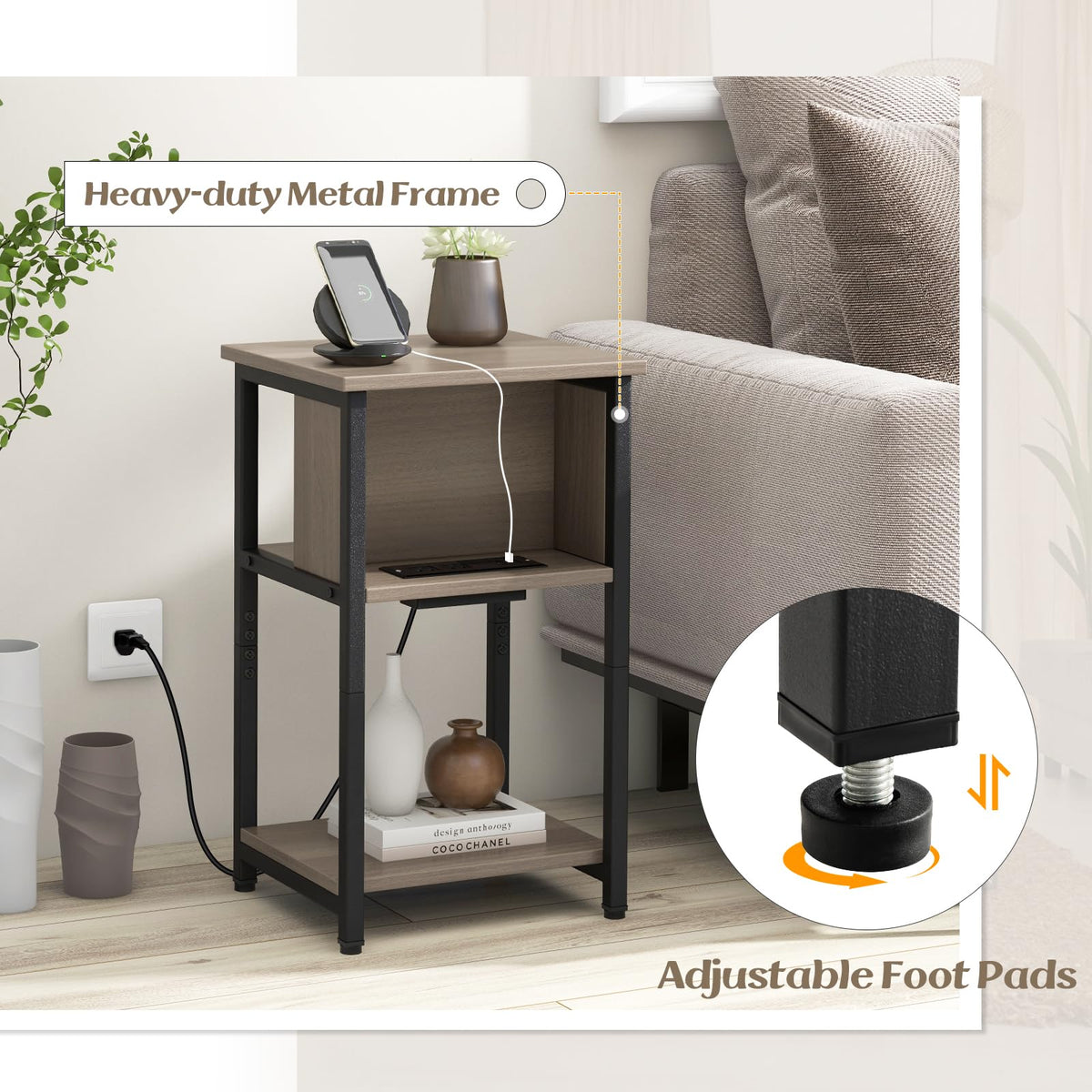 Goflame Nightstand with Charging Station, 3-Tier End Table with USB Ports & Power Outlets