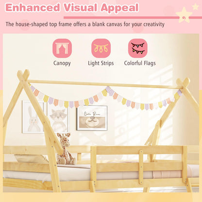 Goflame Twin Over Queen Bunk Bed, Wood House Bunk Bed for Kids with Climbing Nets and Ramp