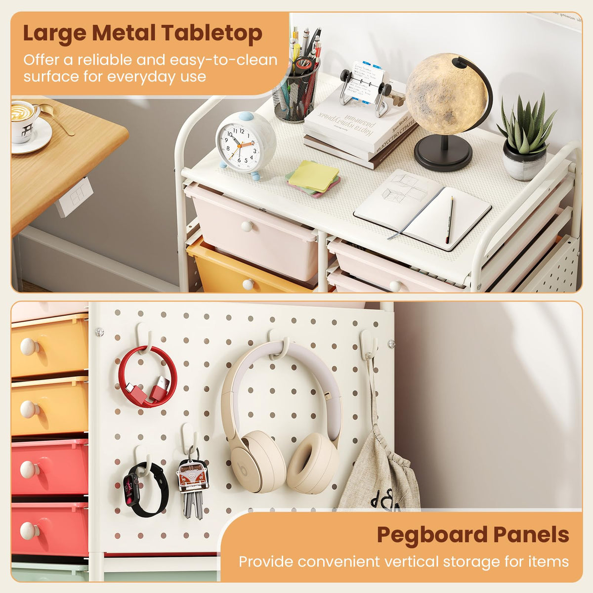 Goflame 15 Drawer Storage Cart | Rolling Craft Cart with Metal Tabletop & Pegboard
