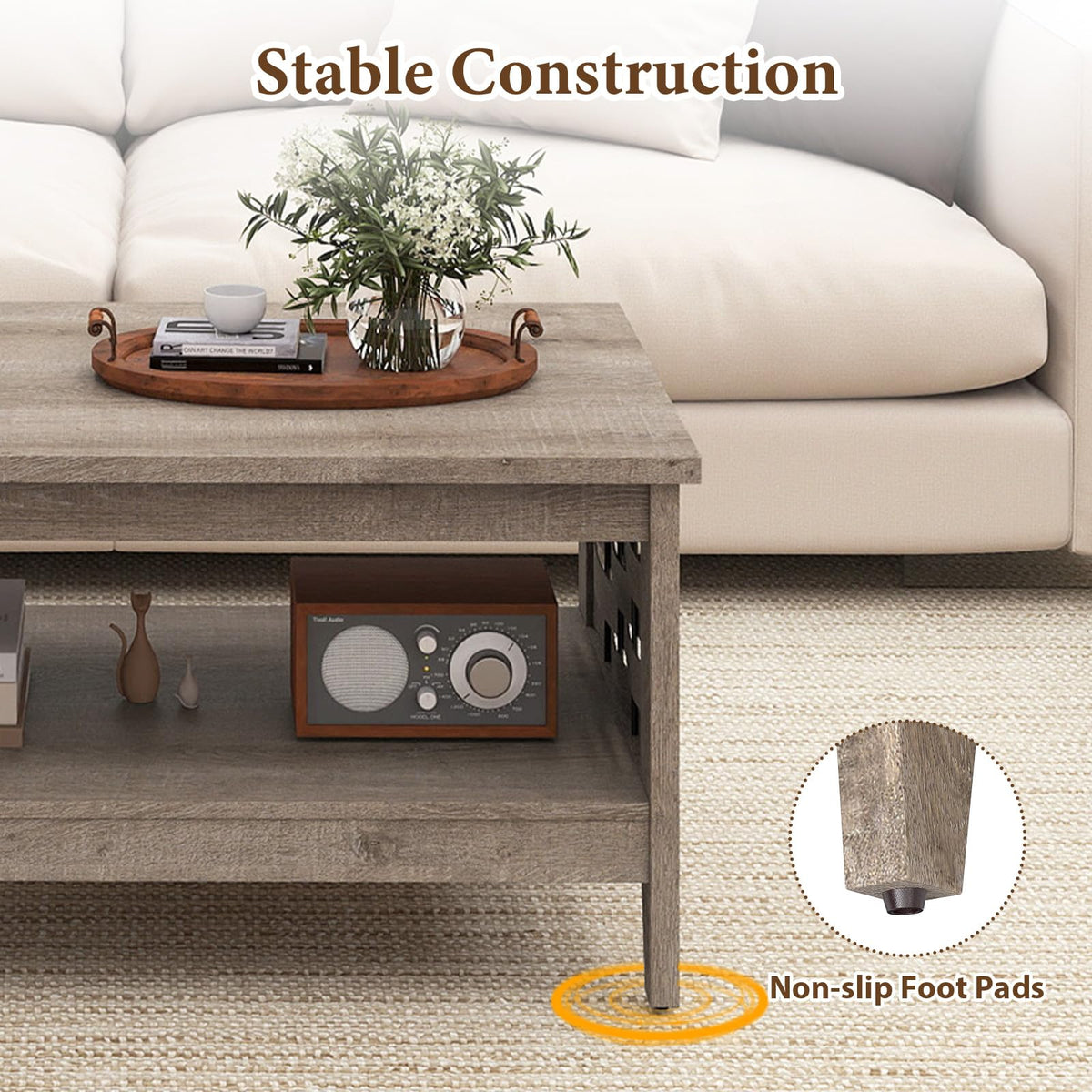 Goflame 2-Tier Farmhouse Coffee Table with Open Shelf and Woven Decorations for Living Room