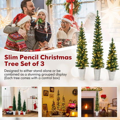 Goflame 3' 4' 5' Pre-Lit Artificial Christmas Tree Set of 3, Slim Pencil Potted Xmas Tree with 423 Branch Tips, 230 Warm White LED Lights