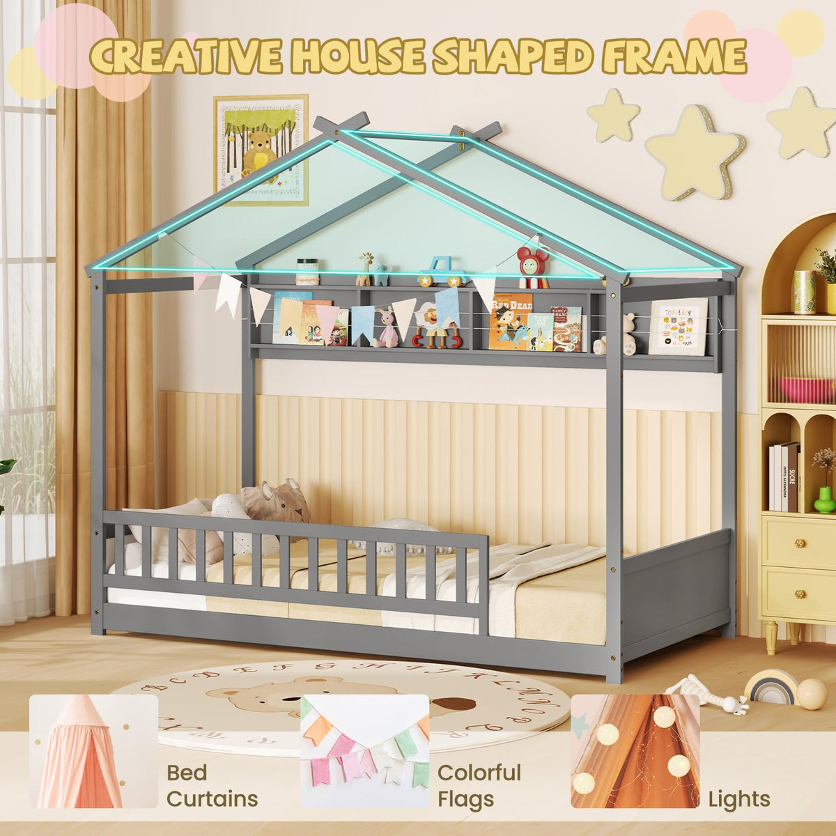 Goflame Twin Floor House Bed with Storage Shelf, Wood Twin Bed Frames with Headboard & Guardrail