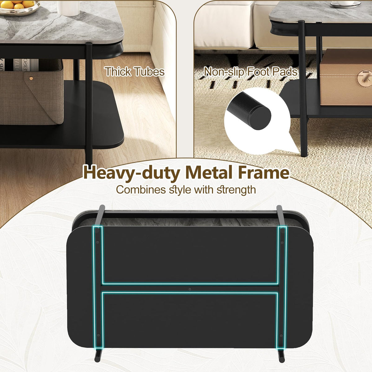 Goflame 2-Tier Coffee Table with Storage Faux Mable Center Table w/Sintered Stone Top