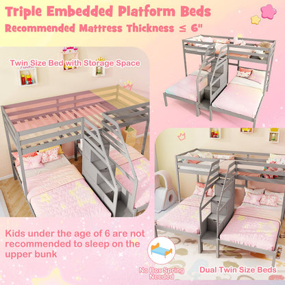 Goflame Twin Over Twin & Twin Bunk Bed Triple Bunk Beds with 4-Step Storage Stair