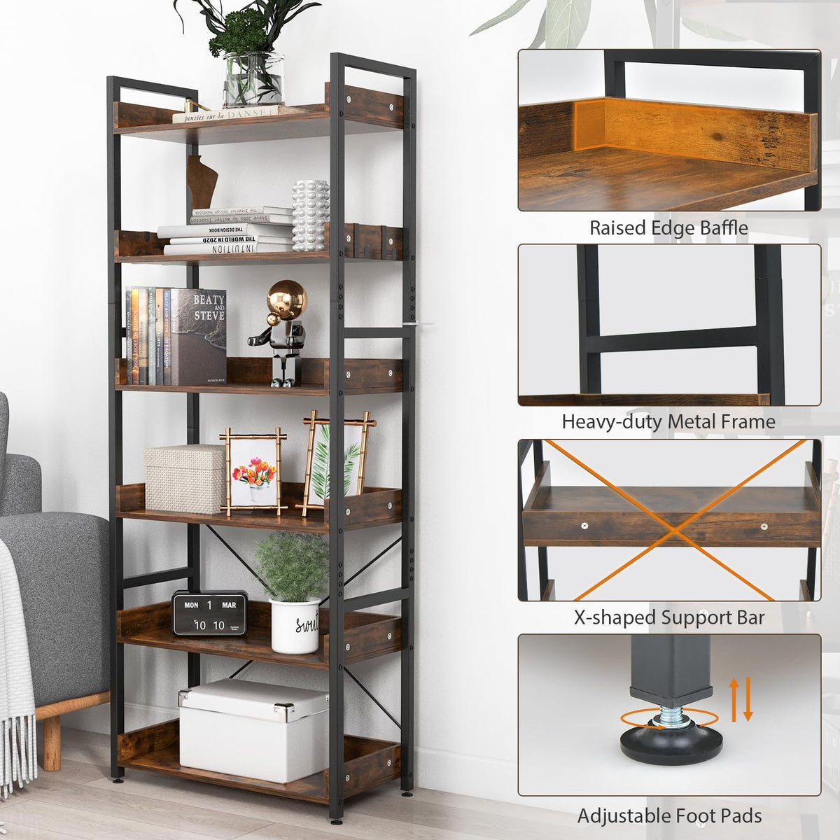 Goflame Industrial 6-Tier Bookshelf, 70" Tall Freestanding Storage Display Shelf with 4 Hooks