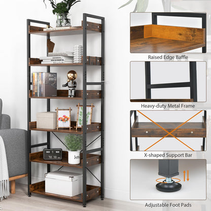 Goflame Industrial 6-Tier Bookshelf, 70" Tall Freestanding Storage Display Shelf with 4 Hooks
