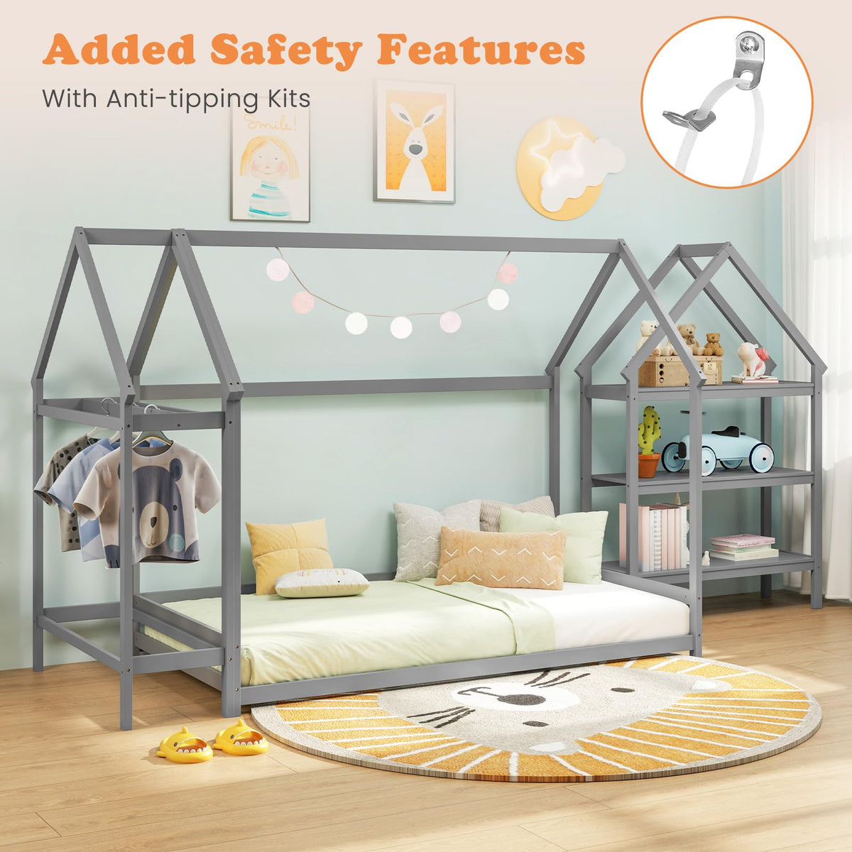 Goflame Twin Floor Bed, Wood Montessori Floor Bed with Detachable 3 Tier Storage Bookshelf & Clothes Rack