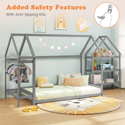 Goflame Twin Floor Bed, Wood Montessori Floor Bed with Detachable 3 Tier Storage Bookshelf & Clothes Rack