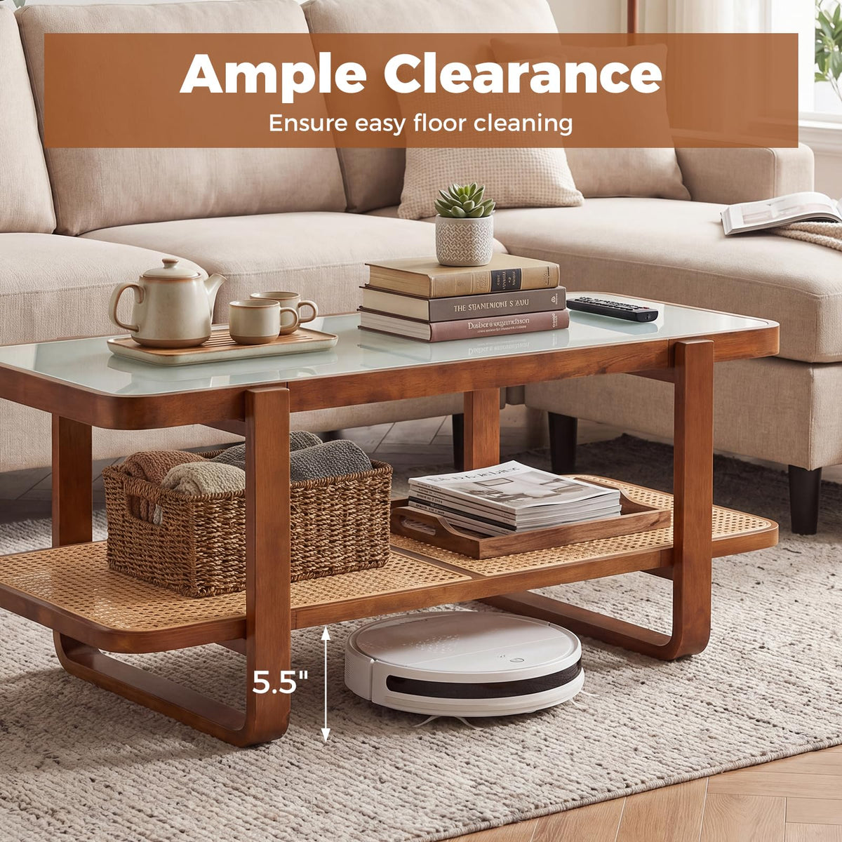 Goflame Rattan Coffee Table | 41.5" Farmhouse Center Table with Storage & Frosted Tempered Glass