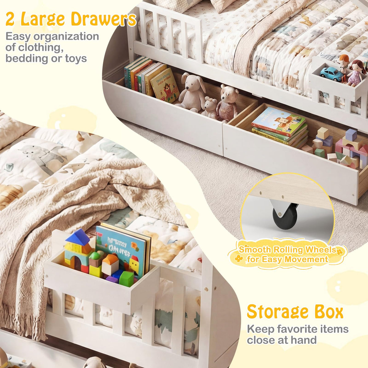 Goflame Full Size House Bed with Roof and Fence Rails for Kid