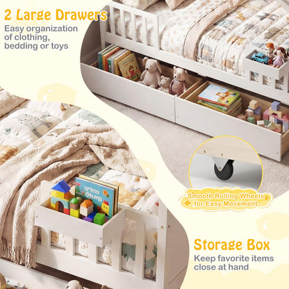 Goflame Full Size House Bed with Roof and Fence Rails for Kid
