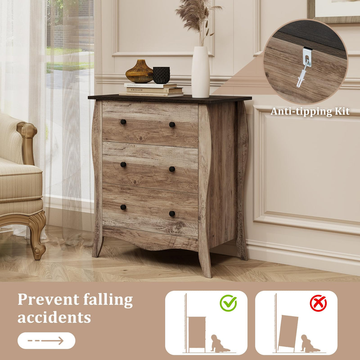 Goflame Storage Cabinet with Foldable & Detachable Fabric Drawers, Anti-Tipping Kit, 26.5” x 15” x 30” Farmhouse Floor Cabinet