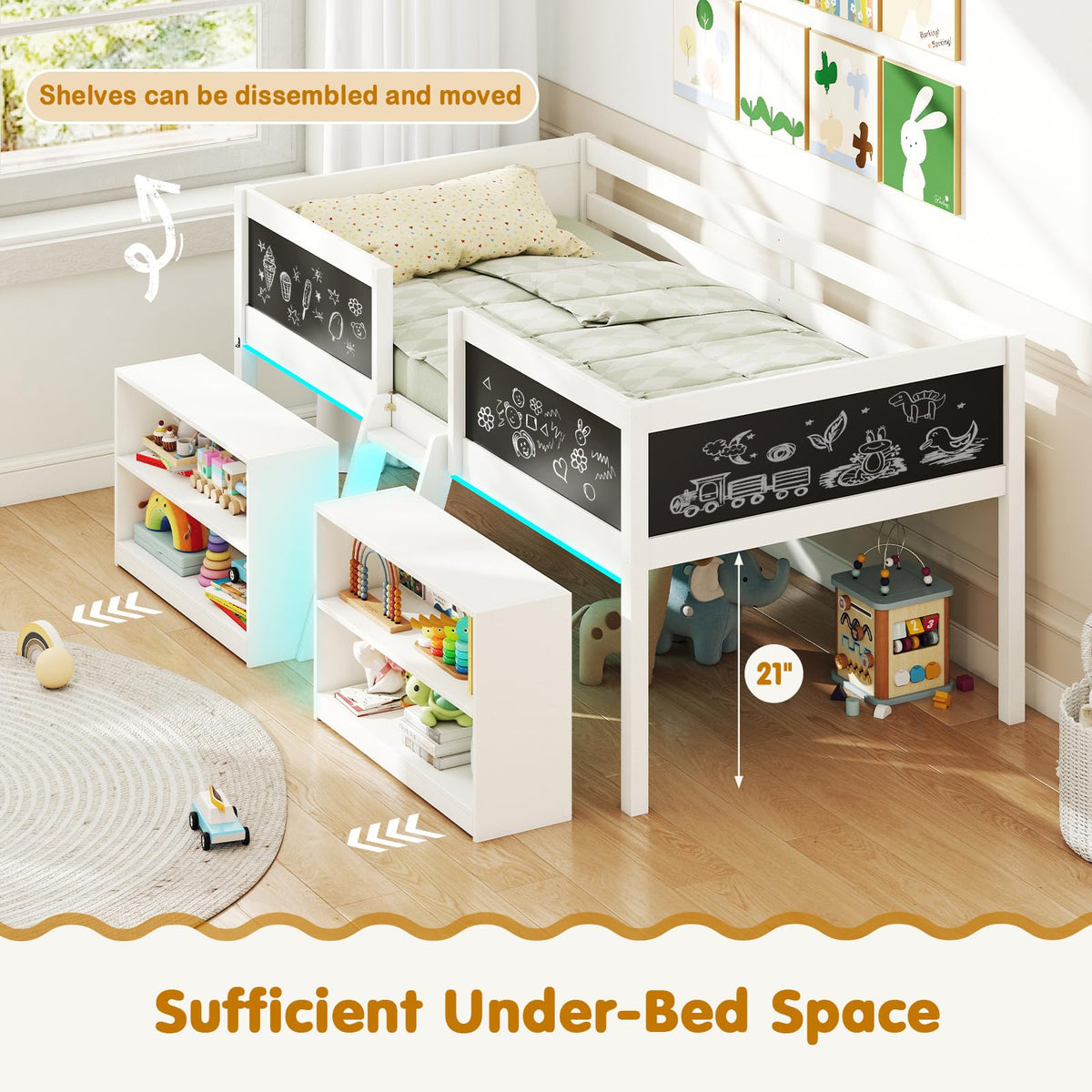 Goflame Low Loft Bed with Storage 2 Bookcases and Play Space