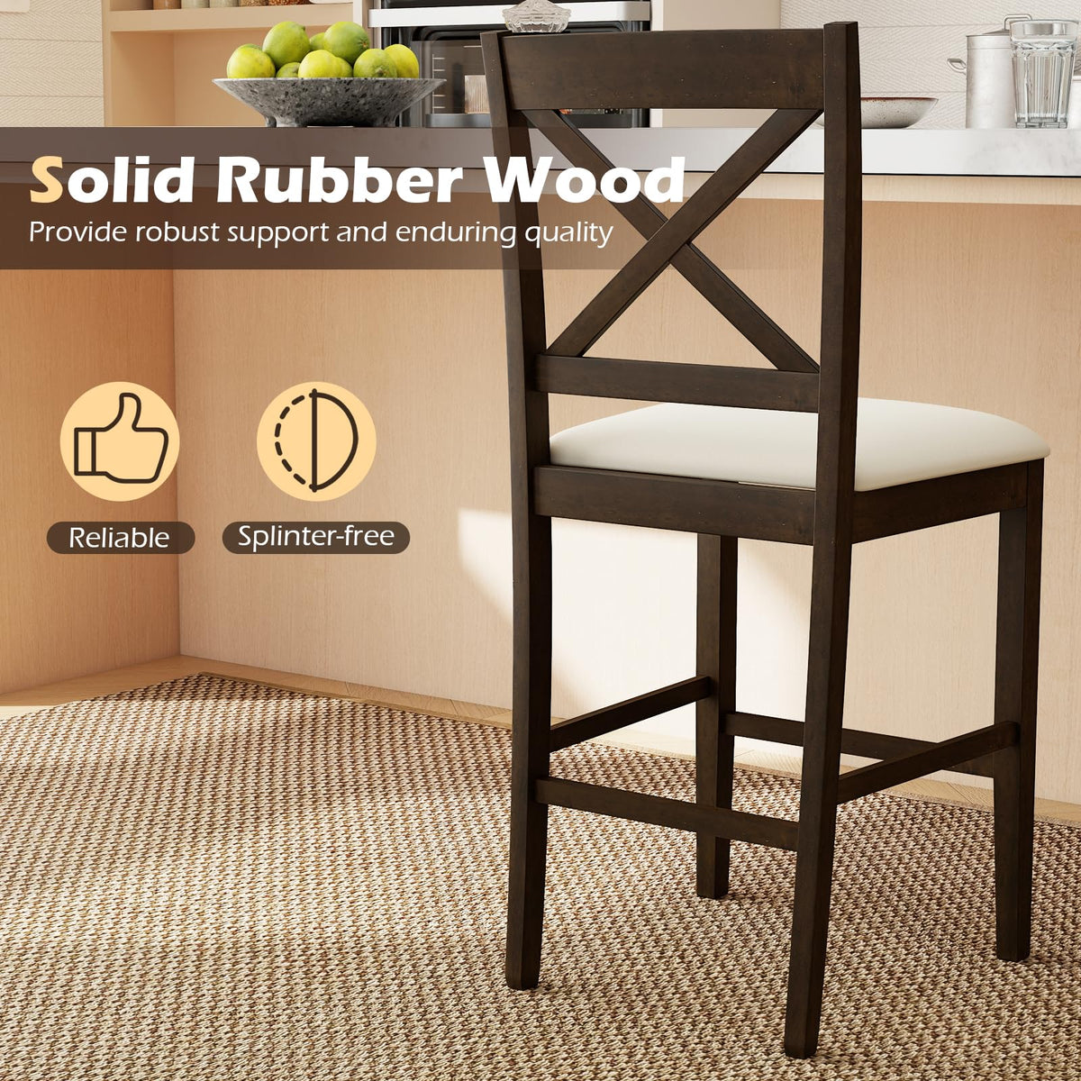 Goflame 24" Farmhouse Bar Stools | Cross Back Counter Height Chairs with Padded Linen Upholstered Seat (2/4)