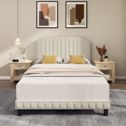 Goflame Queen/Full/Twin Size Upholstered Bed Frame, Linen Platform Bed w/Rivet Headboard, Heavy Duty Mattress Foundation