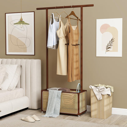 Goflame Bamboo Clothes Rack 2-In-1 Clothing Hanging Rail for Hallway Living Room Bedroom