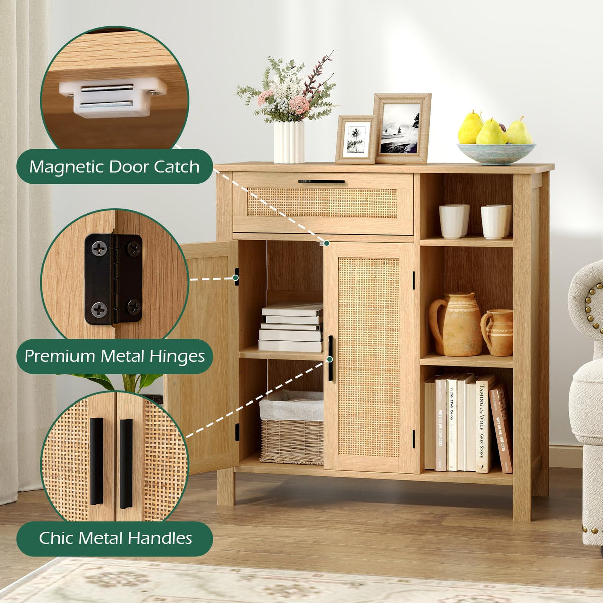 Goflame Buffet Cabinet with 2 Doors, Drawer 3 Open Cubbies Adjustable Shelf (Natural)
