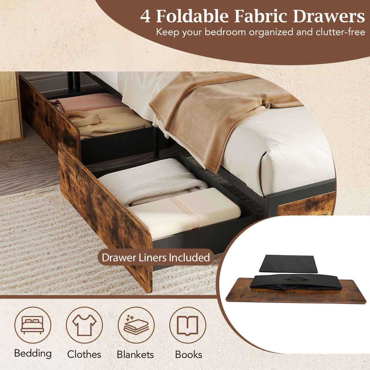 Goflame Queen/Full Size LED Bed Frame with Charging Station & 4 Storage Drawers