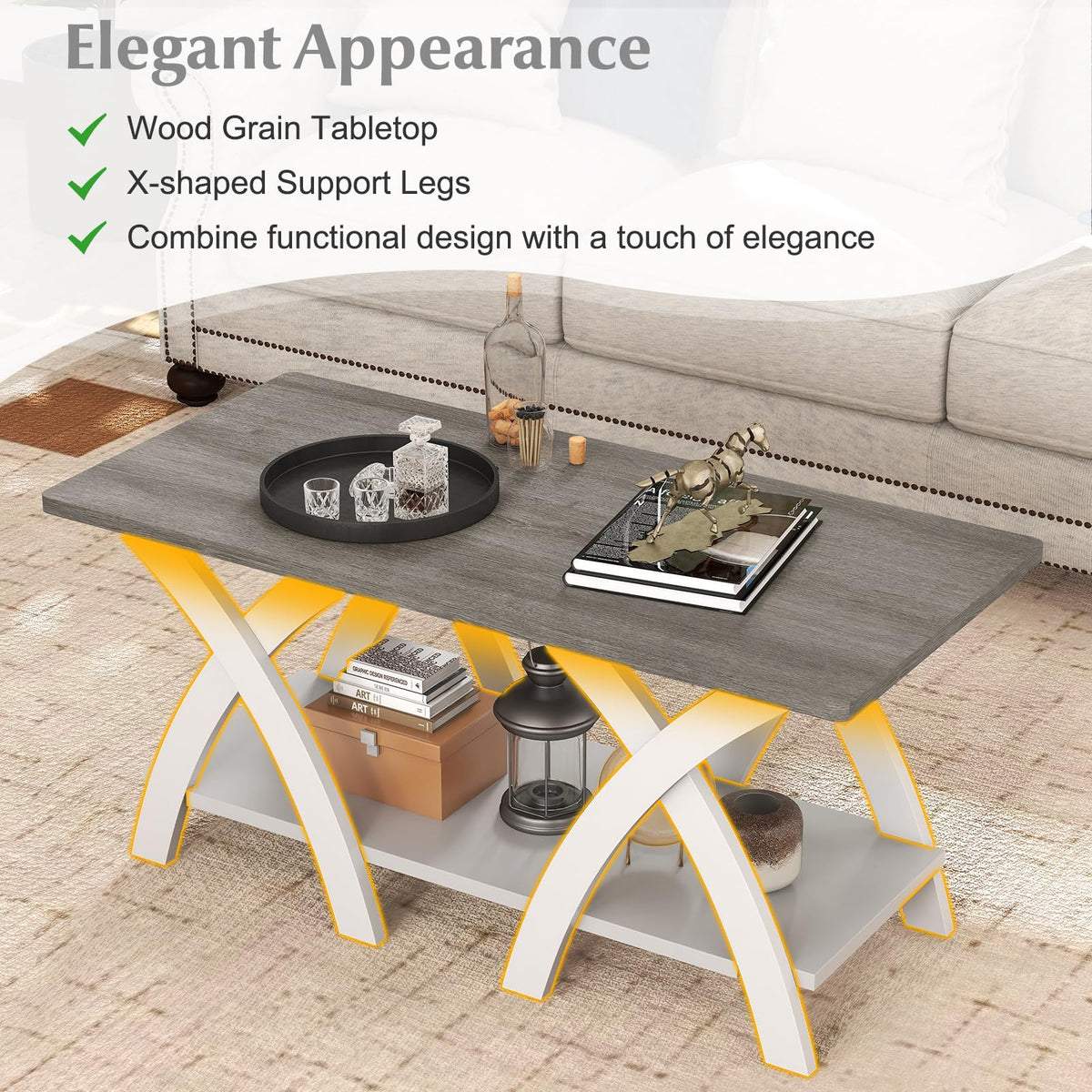 Goflame Farmhouse Coffee Table 2-Tier Wood Center Table with Storage Shelf & X-Shaped Support Legs