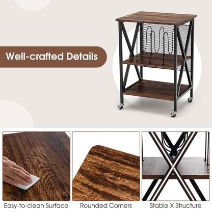 Goflame Record Player Stand, Vinyl Record Storage Table w/ 3 M-shaped Dividers & 4 Rolling Wheels, Rustic Brown