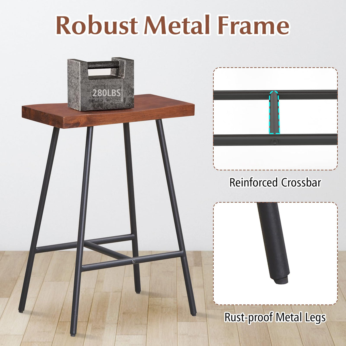 Industrial Saddle Stool with Footrest, Metal Legs, Adjustable Foot Pads, Backless Counter Height Chair for Living Room Kitchen Bar