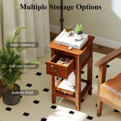 Goflame Narrow End Table with Drawer 23.5" H Side Table w/Open Storage Shelf & Solid Wood Frame