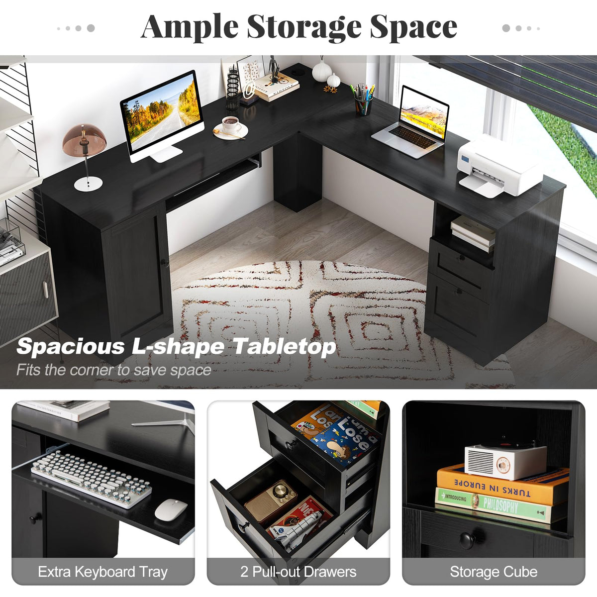 GOFLAME 66" L-Shaped Desk with Storage Drawers & Charging Station