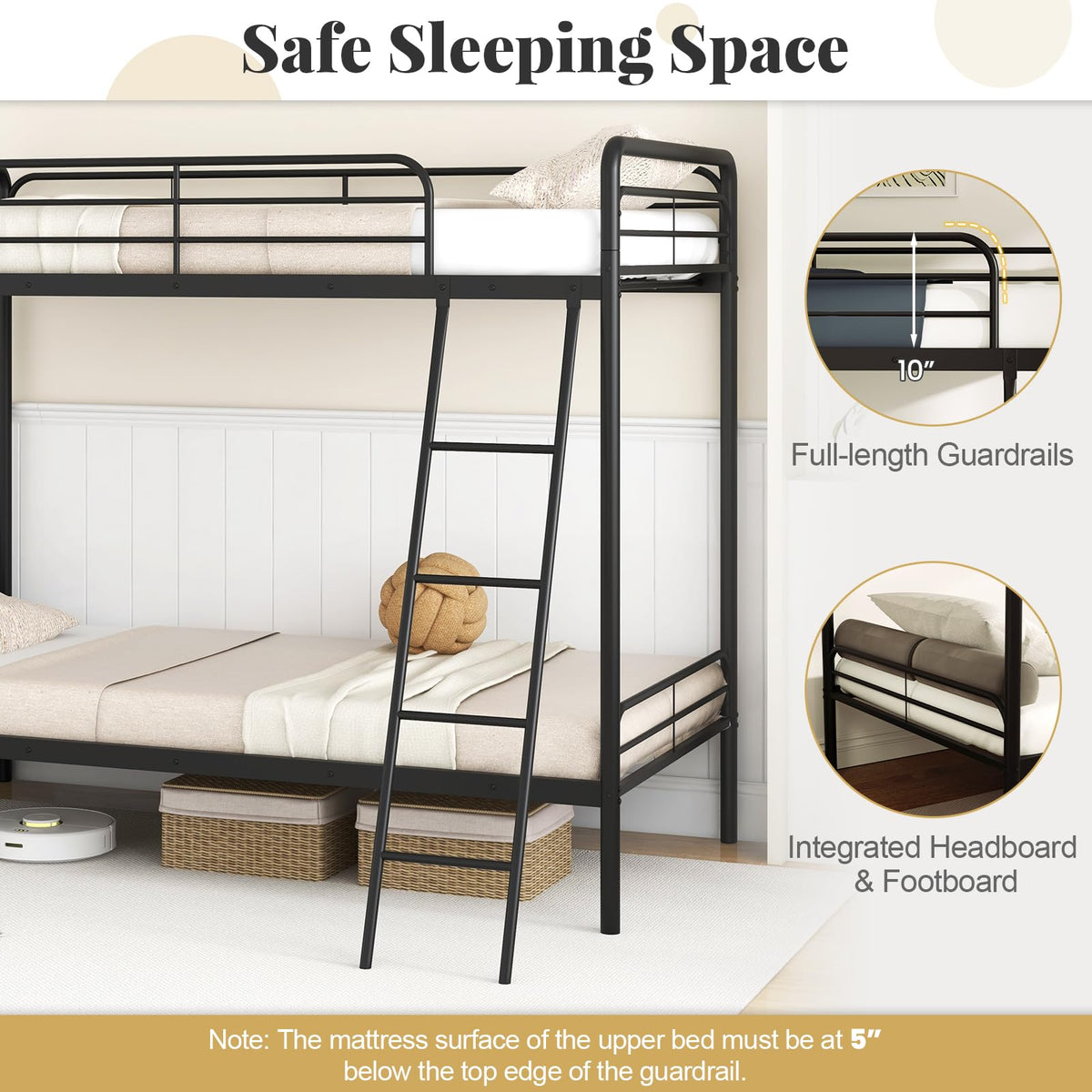 Goflame Metal Bunk Bed Twin Over Twin, Heavy Duty Twin Bunk Beds with Inclined Ladder & Safety Guardrails
