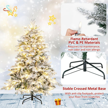 Goflame Pre-Lit Snow Flocked Christmas Tree, Artificial Hinged Xmas Tree with Branch Tips, PE & PVC Mixed Leaves