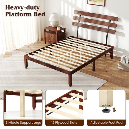Goflame Queen/Full/Twin Size Platform Bed with Retro Headboard Mid Century Modern Bed Frame with Wood Slat Support