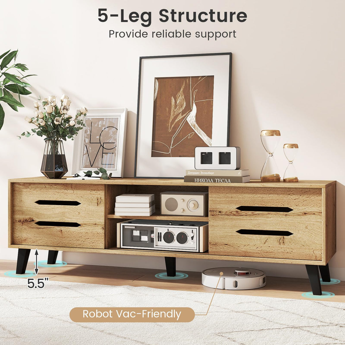Goflame Mid Century Modern TV Stand for 55-65 Inch TV