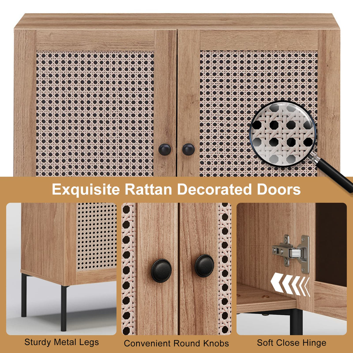 Goflame Buffet Cabinet, Wood Sideboard Storage Cabinet with Rattan Door, 3-Position Adjustable Shelf