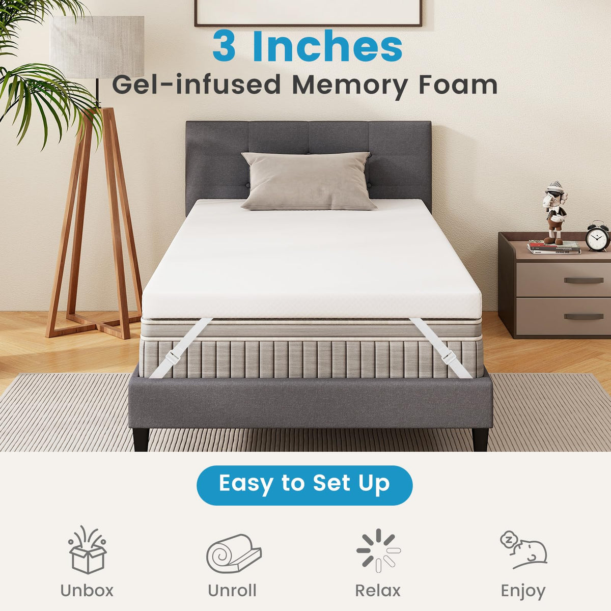 Goflame 3 Inch Twin Memory Foam Mattress Topper, Gel Infused Topper with Removable Cover