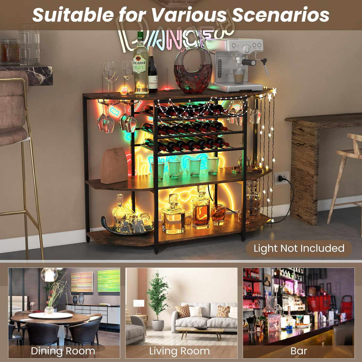 Goflame Wine Bar Cabinet with Power Outlet, Mini Coffee Bar Stand Table with 21 Bottle Wine Rack & Glass Holders