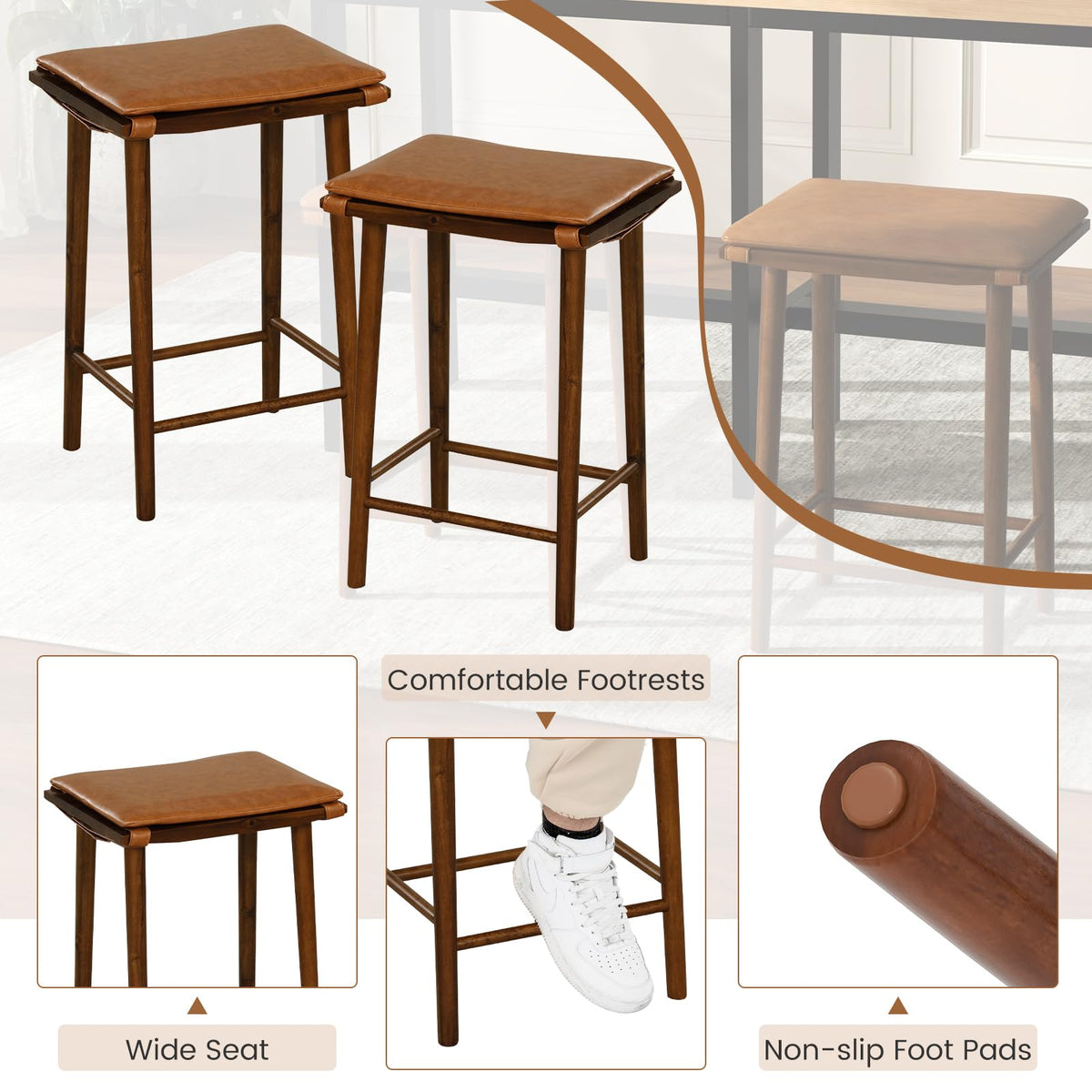 Goflame Bar Stools Set of 4, Wooden Backless Barstools for Kitchen Island