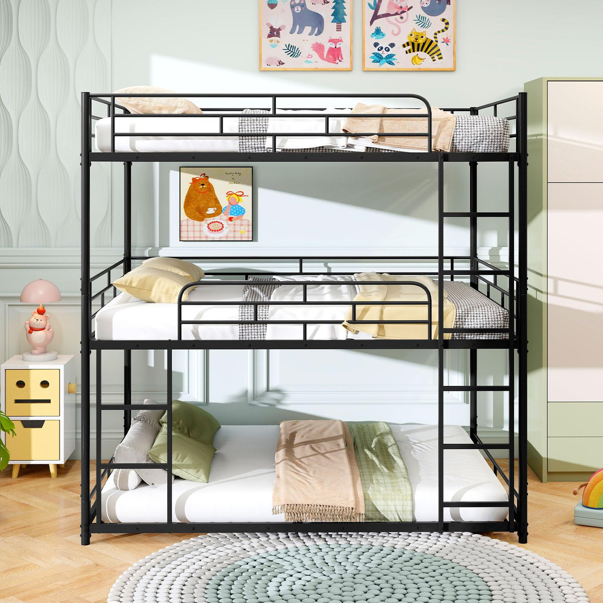 Goflame Metal Full Over Full Over Full Bunkbeds with Safety Guardrails & 2 Ladders