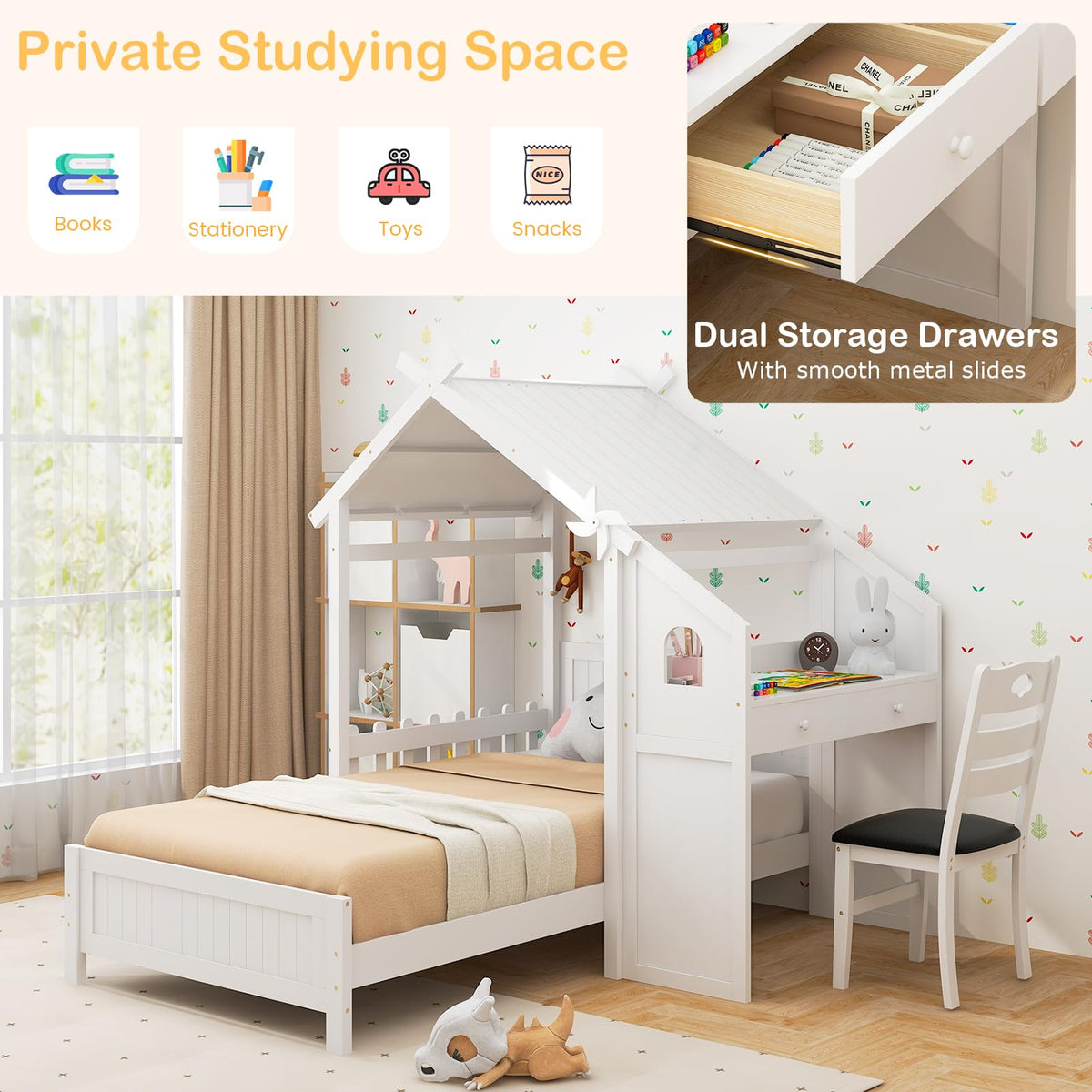 Goflame Twin House Bed with Desk & Chair, Wood Kids Playhouse Bed with 2 Drawers